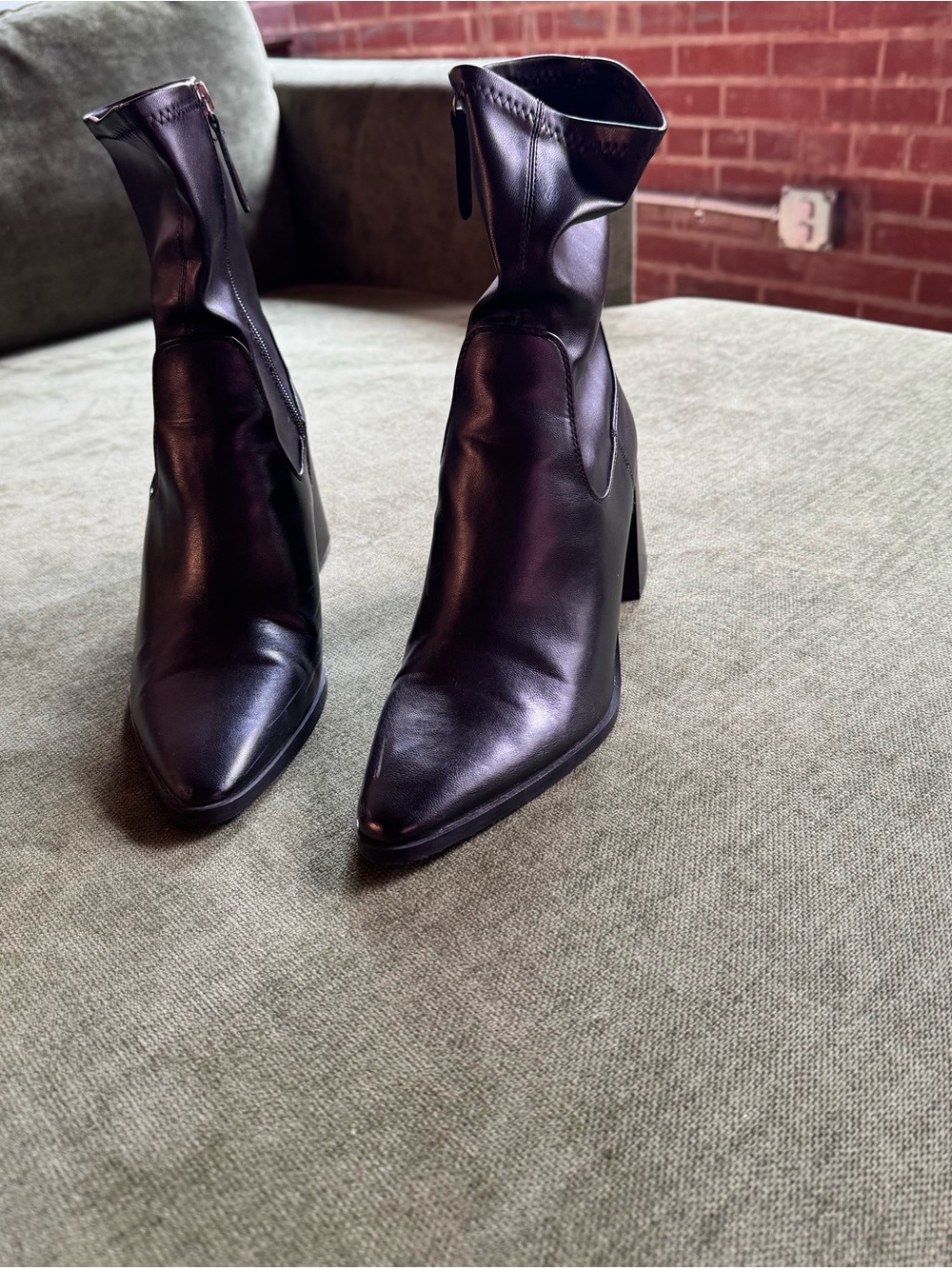 Zara Black Pointed Leather Ankle Booties with Block Heel